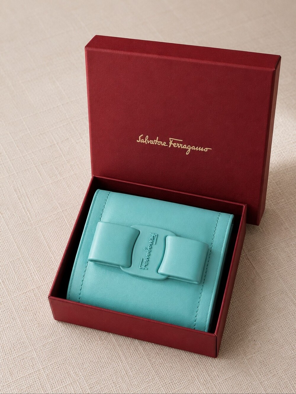 Salvatore Ferragamo Brand New In Box Aqua Tiffany Leather Bow Wallet